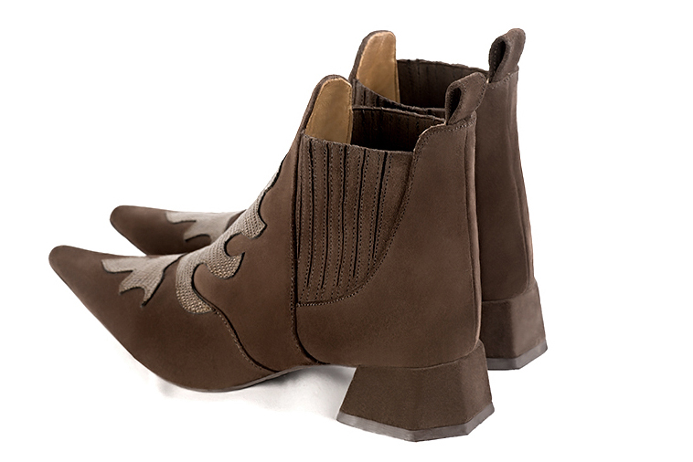 Chocolate brown and bronze beige women's ankle boots, with elastics. Pointed toe. Low flare heels. Rear view - Florence KOOIJMAN